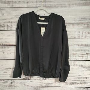 Ramy Brook Black V-Neck Blouse Medium NWT Satin Finish Slit Cuff Career Dressy